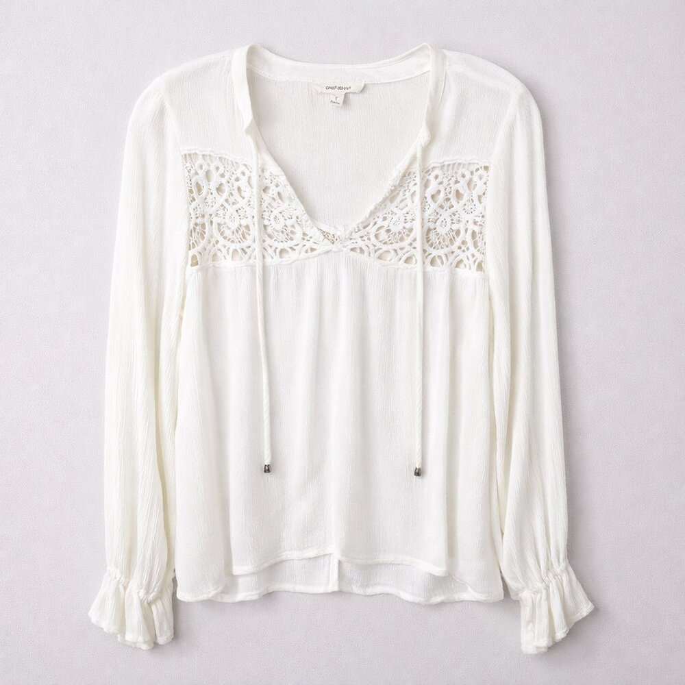 One the Land Crochet Lace Peasant Blouse White Boho Cotton Size S